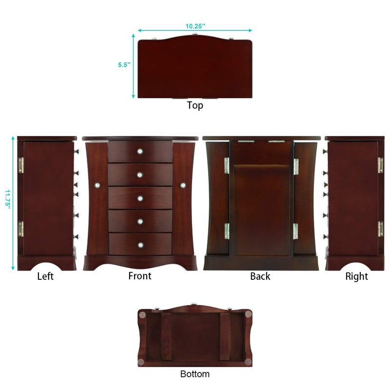 RR ROUND RICH DESIGN Jewelry Box - Made of Solid Wood with Tower Style 4 Drawers Organizer and 2 Separated Open Doors on 2 Sides and Large Mirror Brown - Image 5